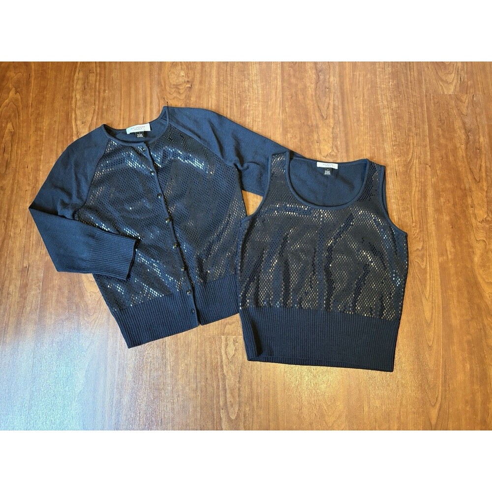 St John Legacy Santana Knit Cardigan & Tank Set Petite Small Dark Blue Shimmery